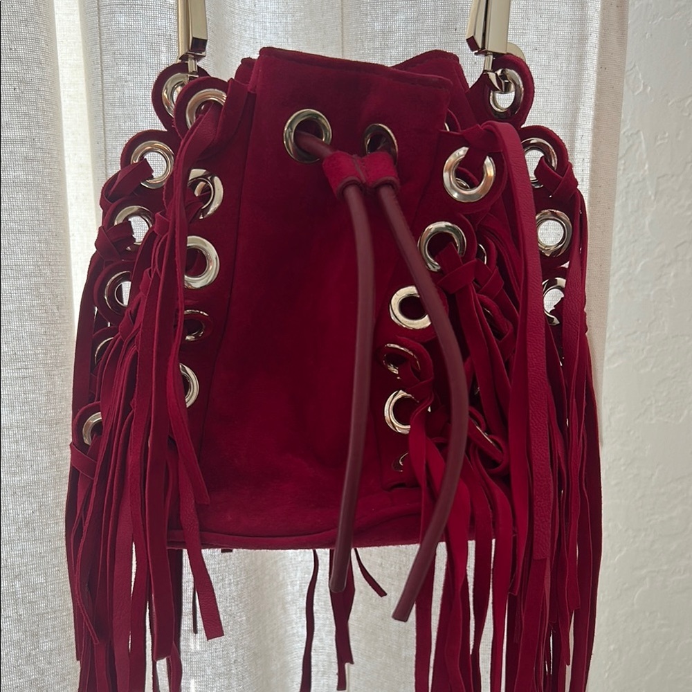 Paule Ka Fringed Red Suede Bucket Bag